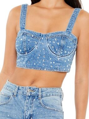 Forever 21 FAUX GEM DENIM BUSTIER CROP TOP Size M